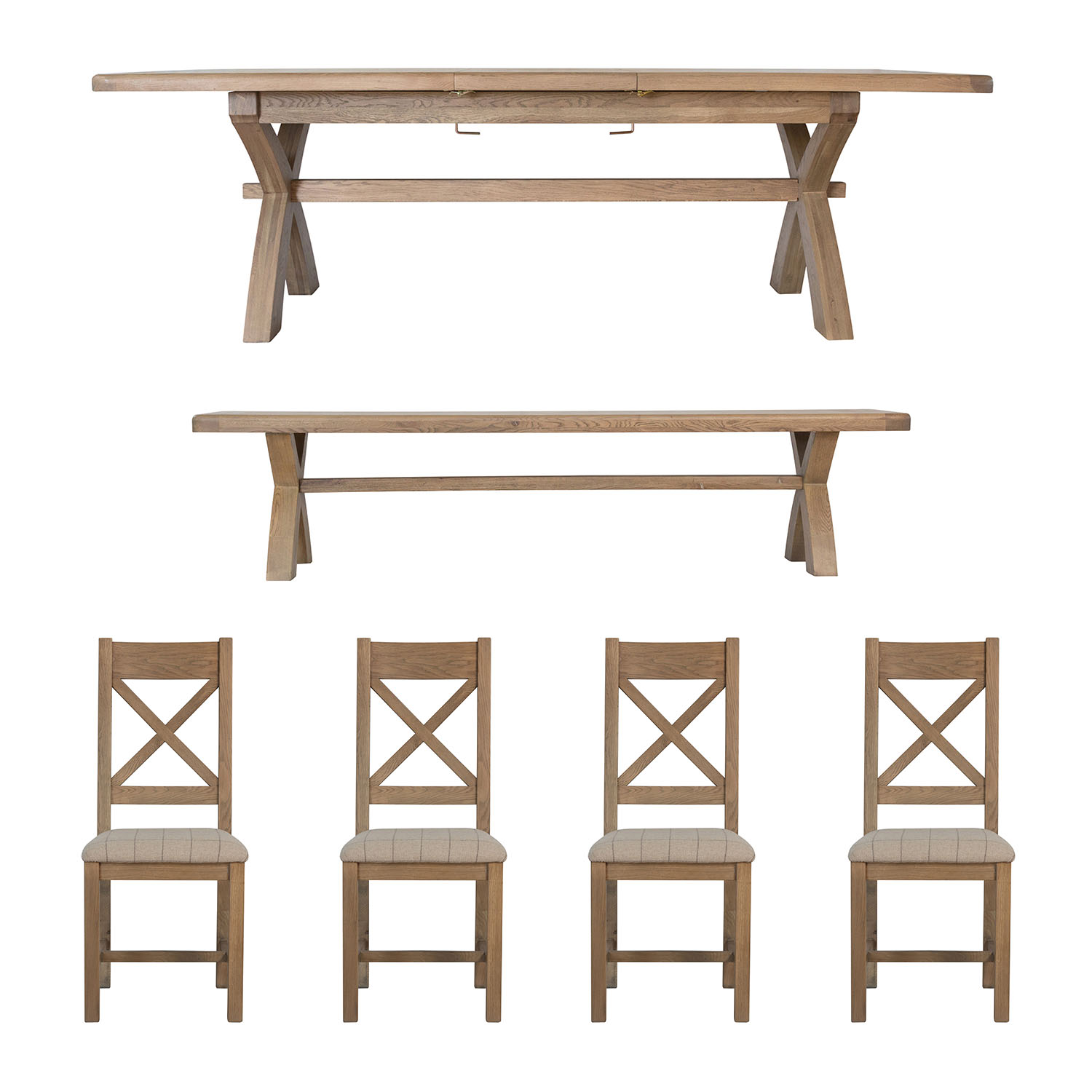 Heritage Oak 2.0m Table + Bench + x4 Cross Back Natural Chairs Set