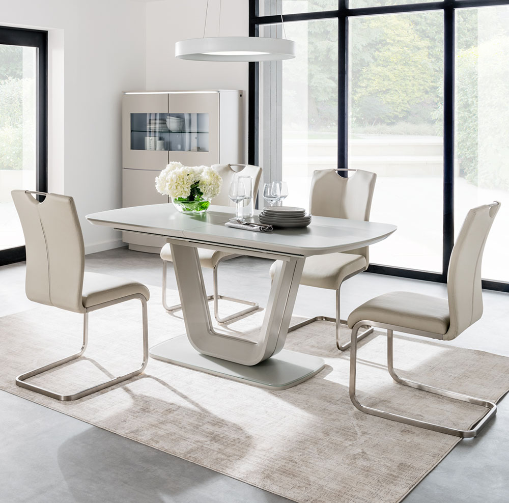 Lazio 160cm Table in White with 6 Taupe Chairs Set
