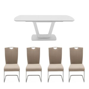 Lazio 120 cm White Table & x4 Taupe Chairs Set