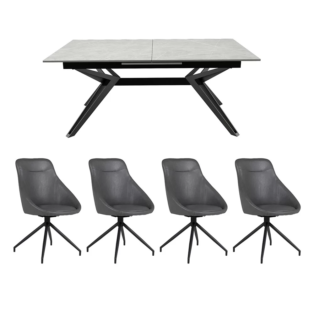 Kouros Extending Dining Table with 4 Halo Grey Chairs Set