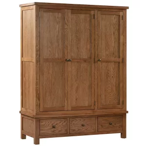 Maiden Oak Rustic Triple Wardrobe with 3 Drawers