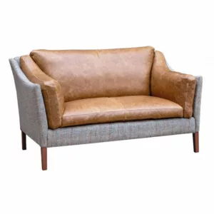 Madison Compact Leather 2 Seater Sofa - Tan & Harris Tweed