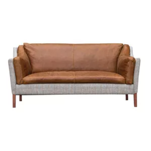 Madison Compact Leather Large 2 Seater Sofa - Tan & Harris Tweed