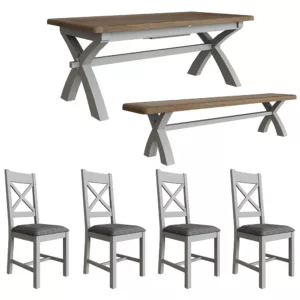 Heritage Grey 2.0m Table + Bench + x4 Cross Back Grey Chairs Set