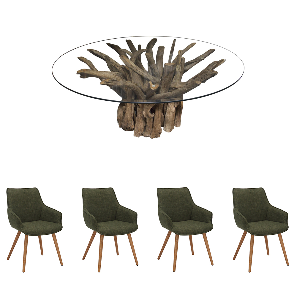 Ashdown 130cm Round Dining Table & 4 Bella Olive Green Chairs Set